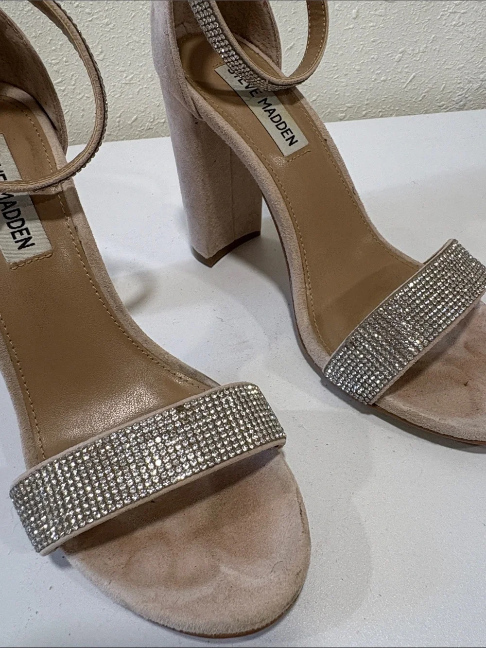 Steve Madden Blush Pink Suede Crystal Strap Block Heels